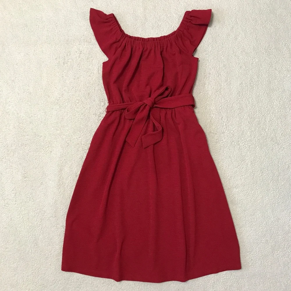 Banana Republic Midi Dress Red Flutter Sleeve On / Off Shoulder Size XS